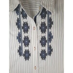 Chaps Aztec Button Up Shirt Womens  Large Blue‎ Striped With Embroidered Designs